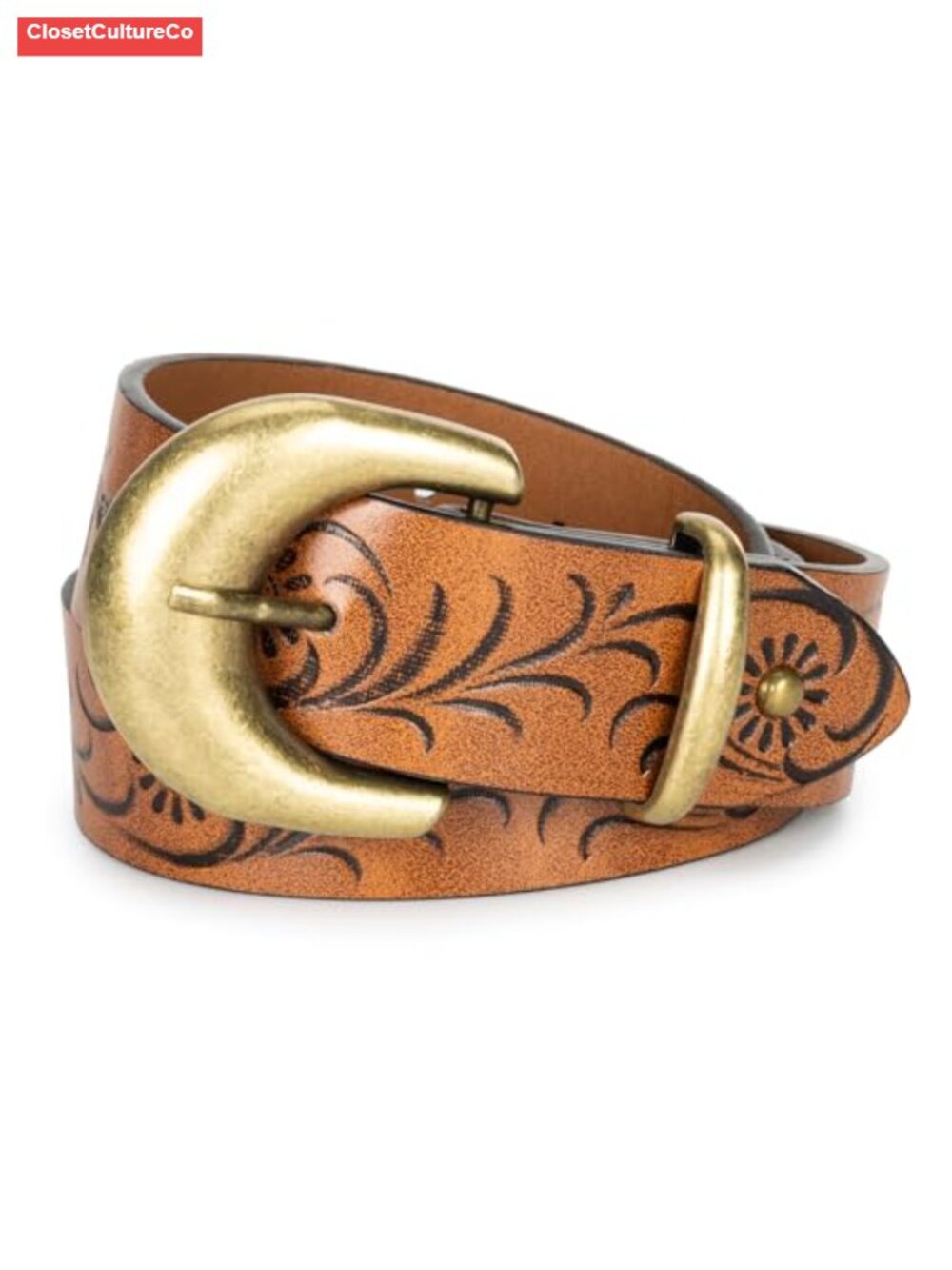 Western Cowgirl PU Leather Belt with Gold Buckle Embossed Floral